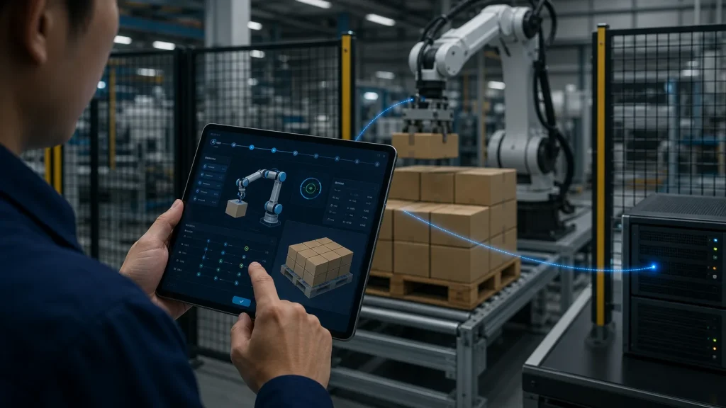 アームロボットの積み下ろしをタブレットで設定する様子