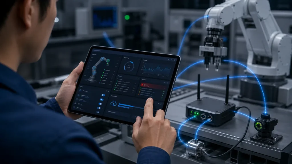 ロボットアームと連携するタブレットアプリの開発イメージ