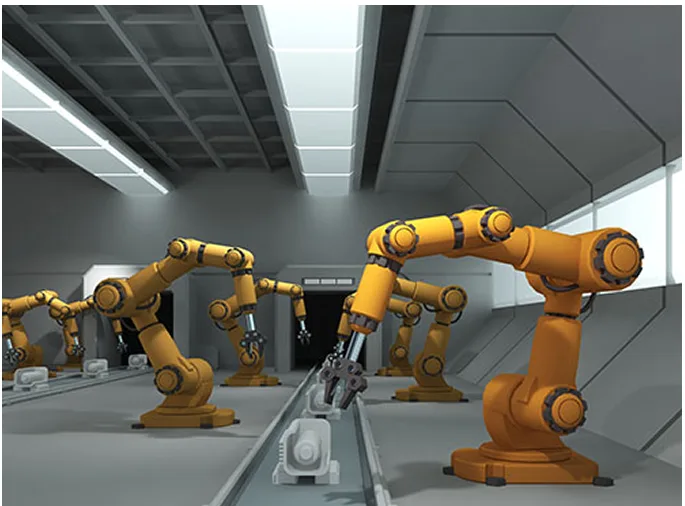 産業用ロボットが並ぶ製造ラインの写真