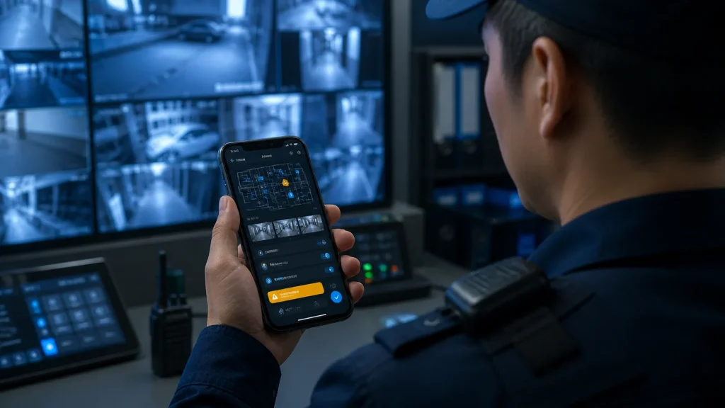 監視モニタの前で警備員がスマホアプリの通知を確認