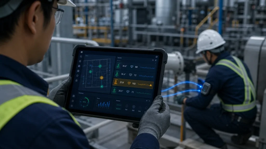 プラント作業員の生体データをタブレットでモニタリング