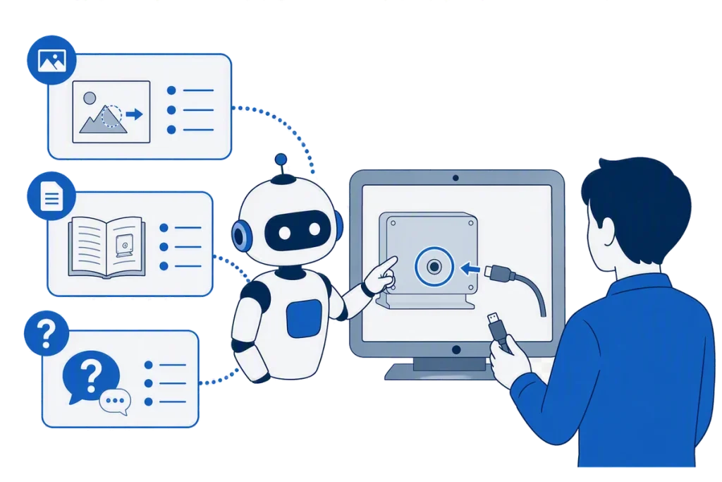 製品の端子の位置を画面で案内する AI と利用者